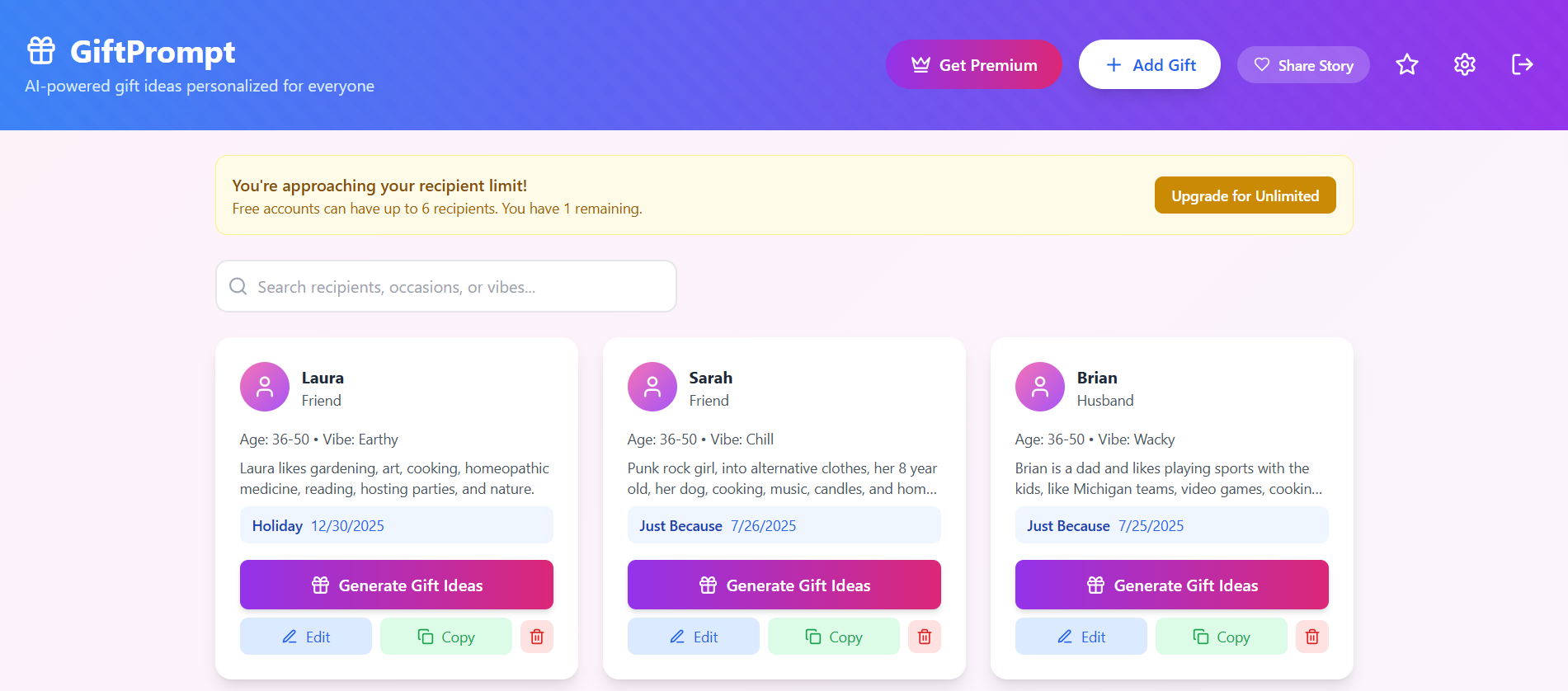 GiftPrompt features